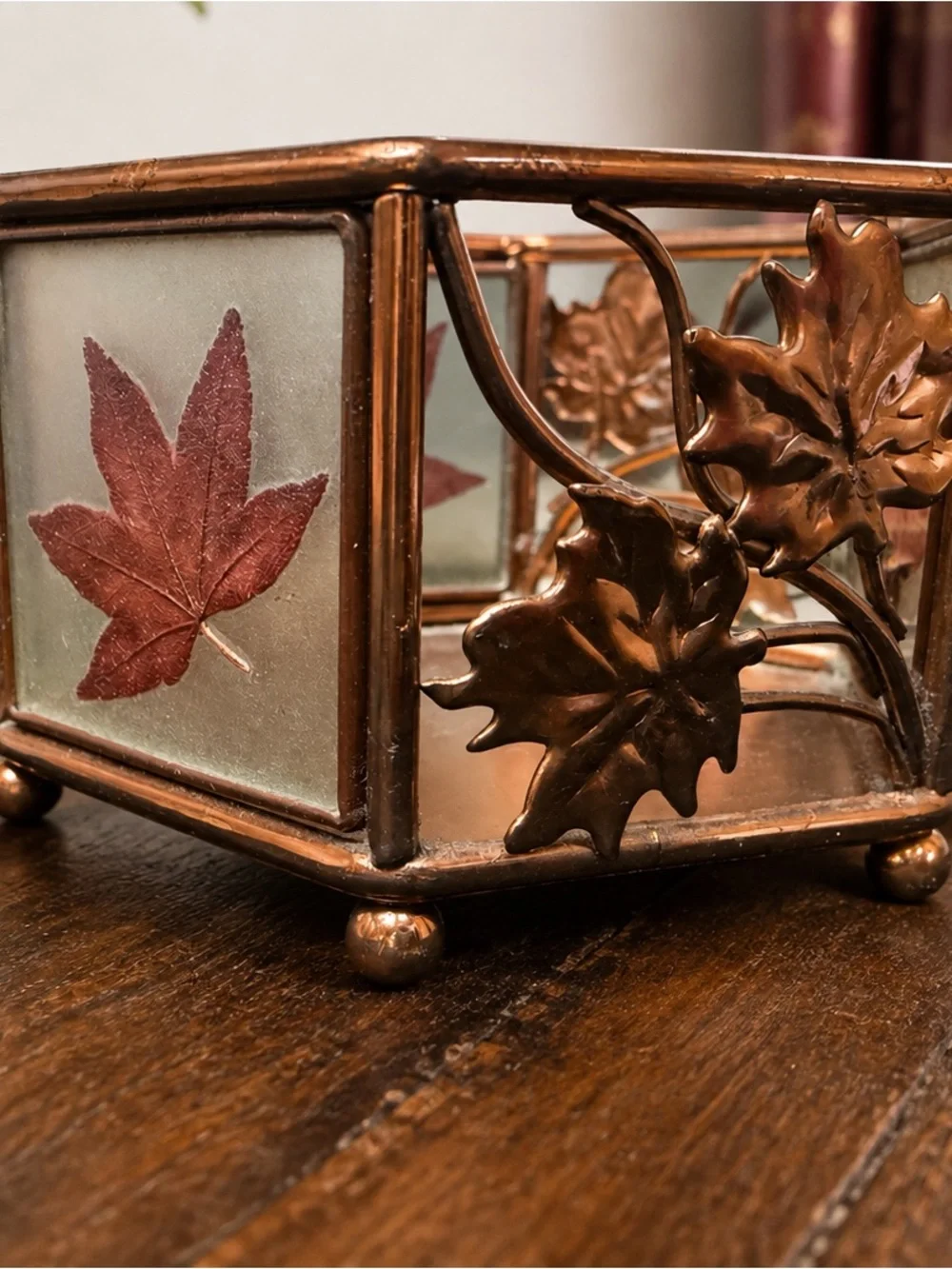 Vintage Kmart Copper Tone Maple Leaf Glass Candle Holder Fall Autumn Decor